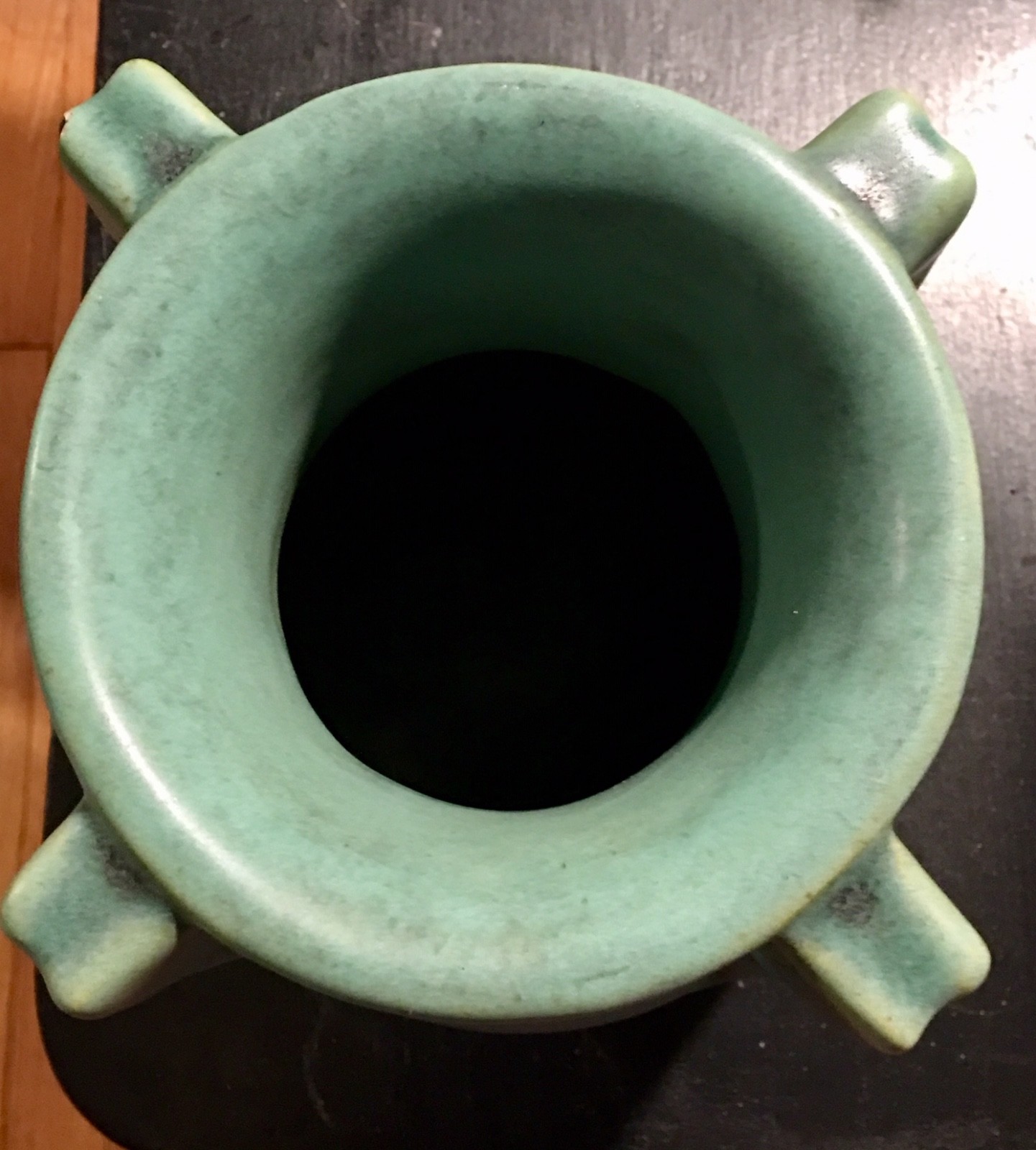 TECO POTTERY 4 HANDLE MATTE GREEN BUTTRESS VASE