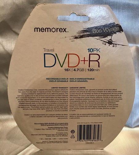 Memorex Travel 10PK DVD-R Discs ~ Recordable DVDS Hold 4.7 GB or 2 Hrs Video NEW