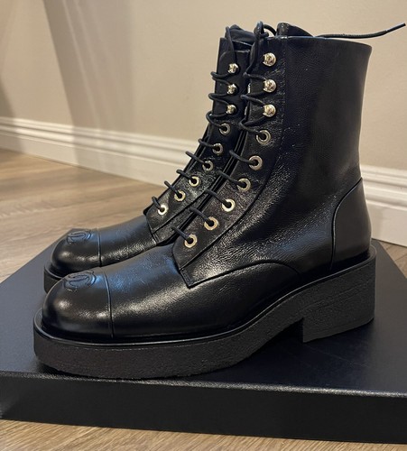New CHANEL Shiny Calfskin Lace Up Combat Boots Black Size New CHANEL Shiny Calfskin Lace Up Combat Boots Black Size