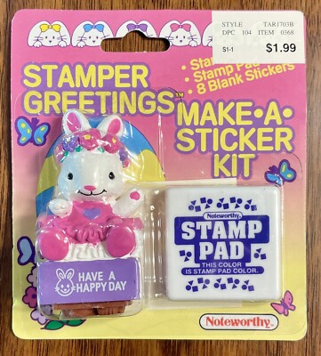 VTG 1995 Noteworthy Bunny Stamper Greetings Stamp Pad & Make-a-Sticker Kit, NIP
