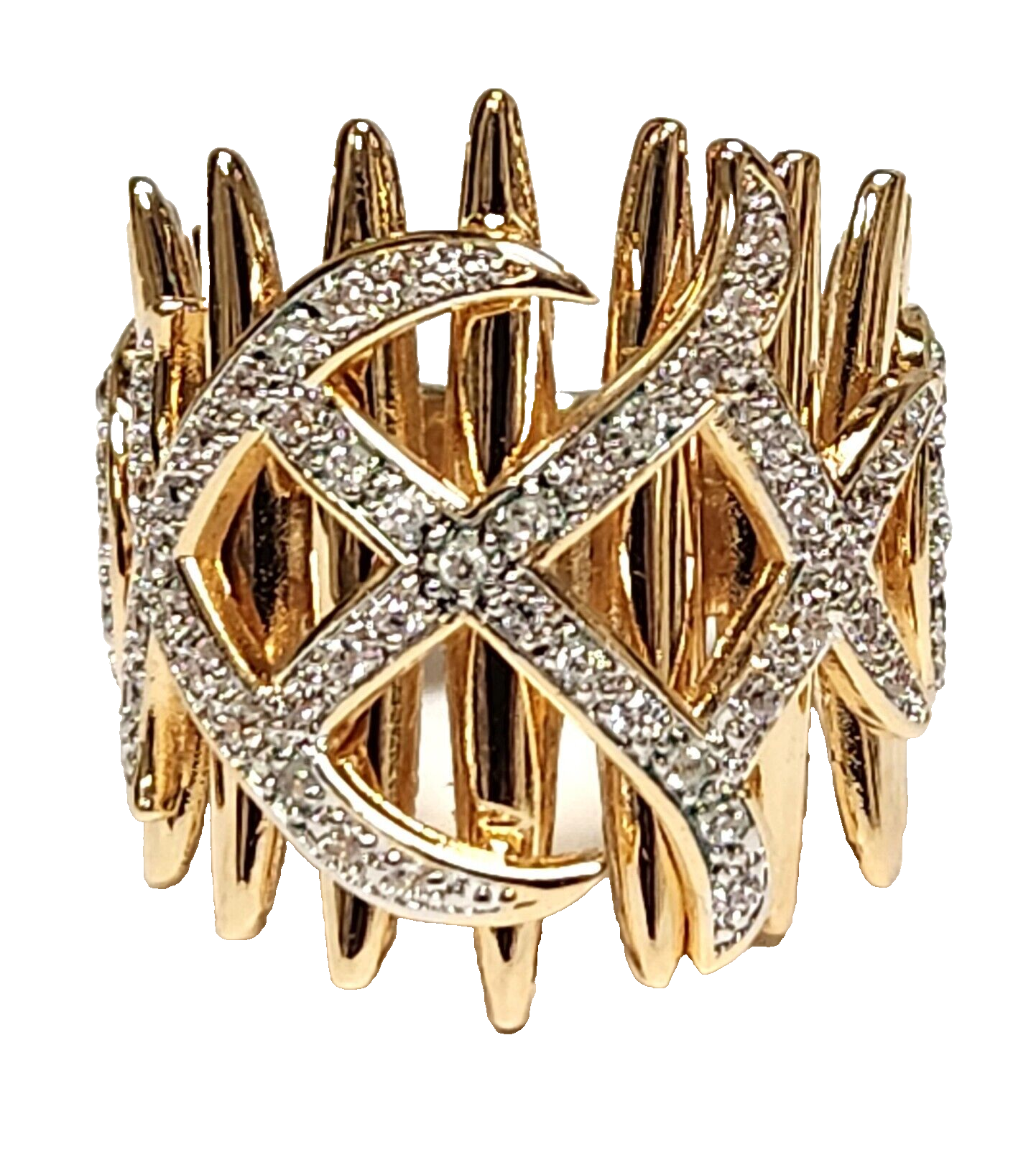 【美品】CAREERING-PRACEBO 701 GOLD NWOT Large Signed DVNO Cubic Zirconia Gold Plate Abstract