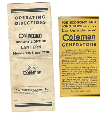 VINTAGE COLEMAN OPERATING DIRECTIONS-INSTRUCTIONS-MODELS 220E-228E/1960'S-1970'S