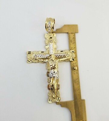 Pre-owned Globalwatches10 Real 10k Gold Nugget Cross Pendant Diamond Cut 10kt Yellow Gold Charm