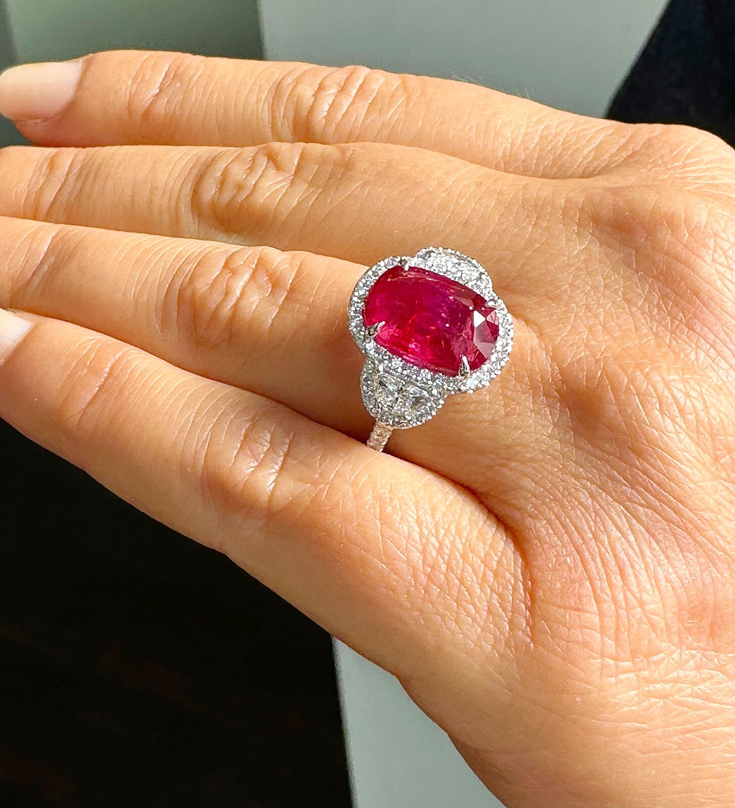 Pre-owned Ruby 14k White Gold Oval  And Diamonds Engagement Ring Deco Bridal Halo 5.00ct