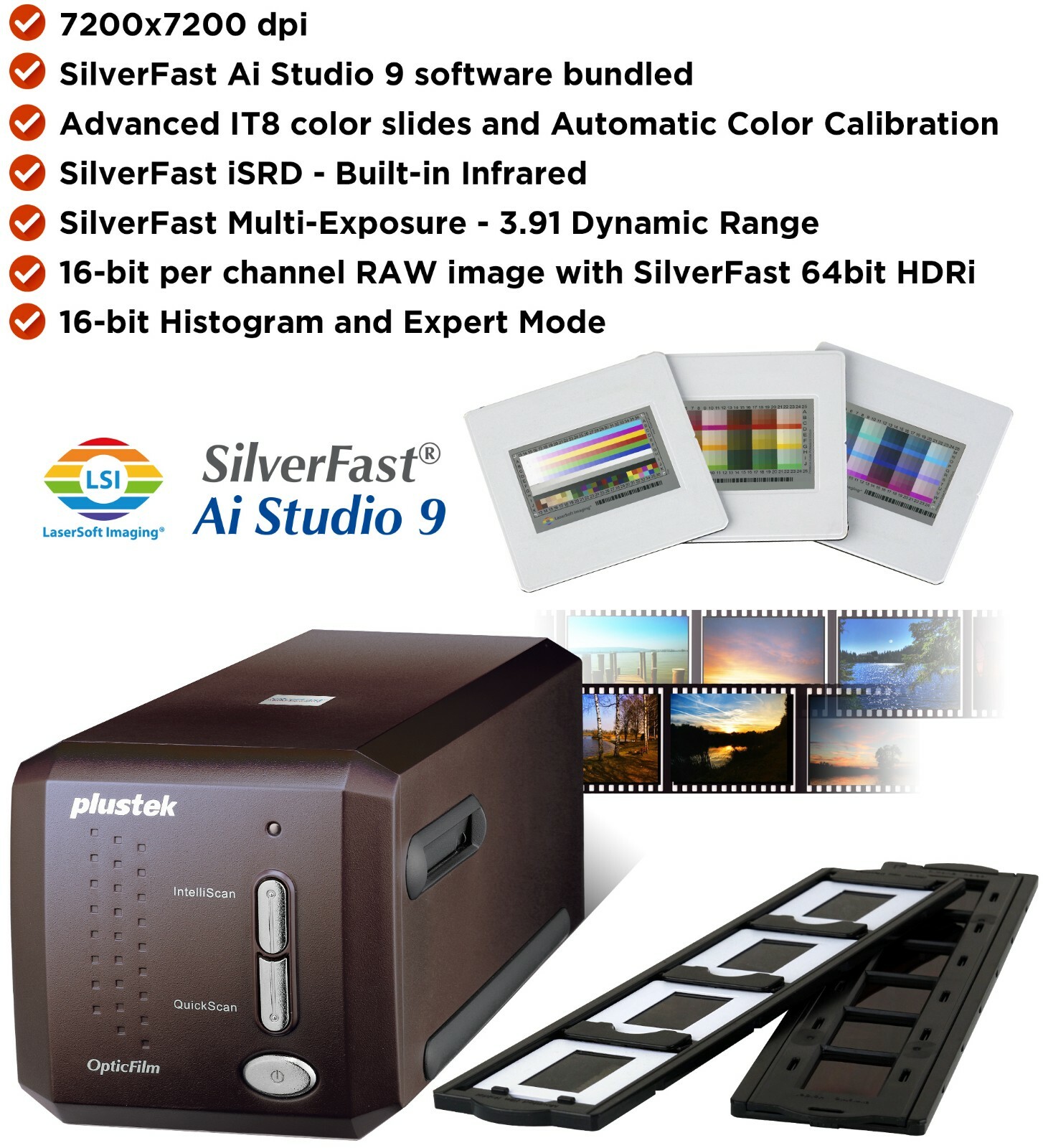 Plustek OpticFilm 8300i Ai Scanner SilverFast Ai Studio 9+Advanced IT8 (3 Slide)