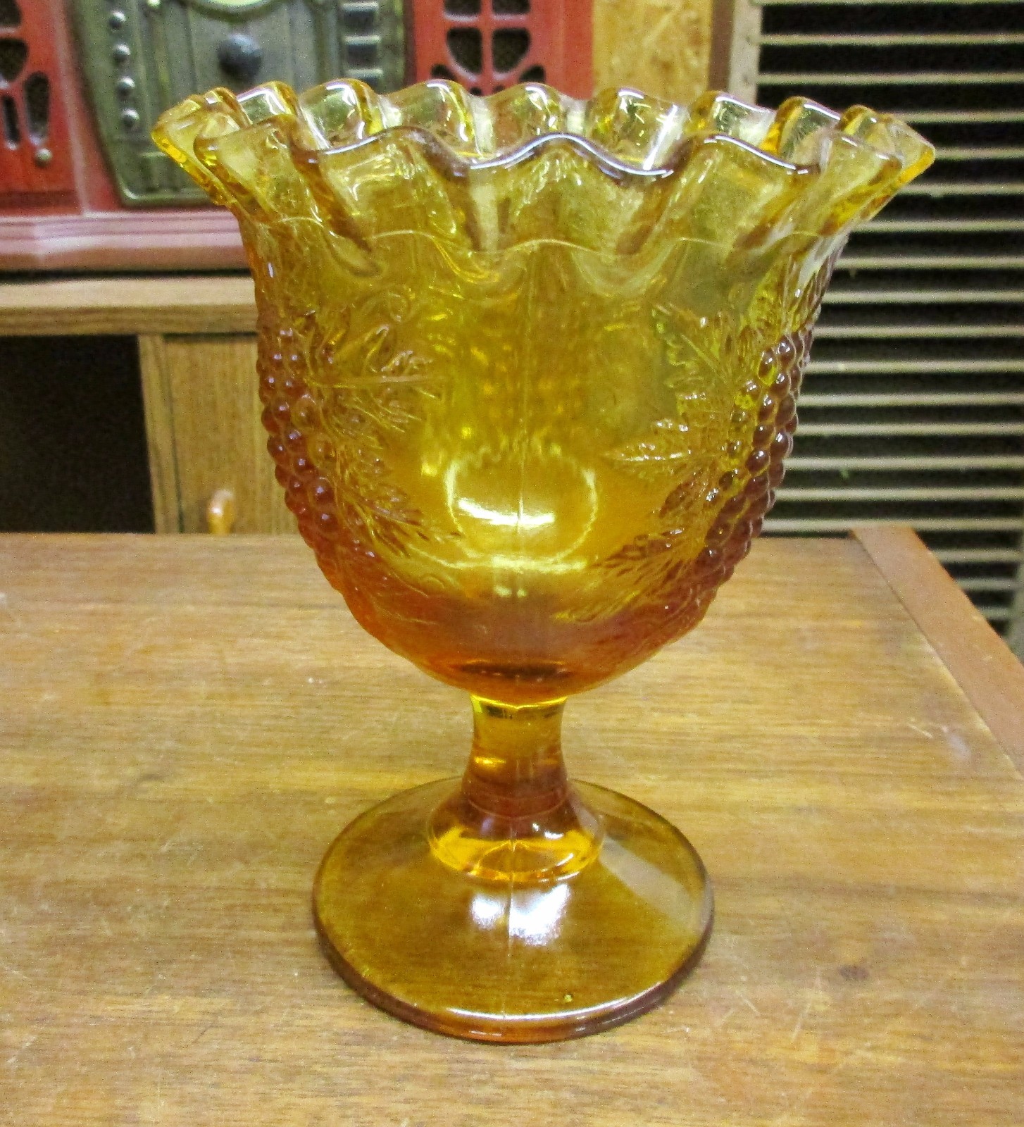 Antique Amber Glass Spooner Spoon Holder Grapes & Leaves