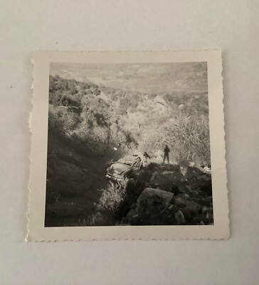 Classic Car Fell in Canyon BW Photo 1950