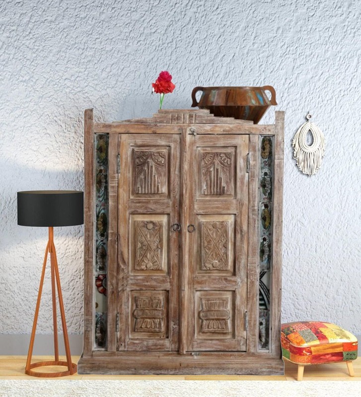 Antique Carved Armoire Beige Small Cabinet Closet with Storage Home