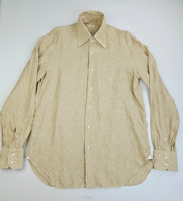 Barba Napoli Size 43/17 Men's Oatmeal Brown Button Down L/S Linen Logo Tag Shirt