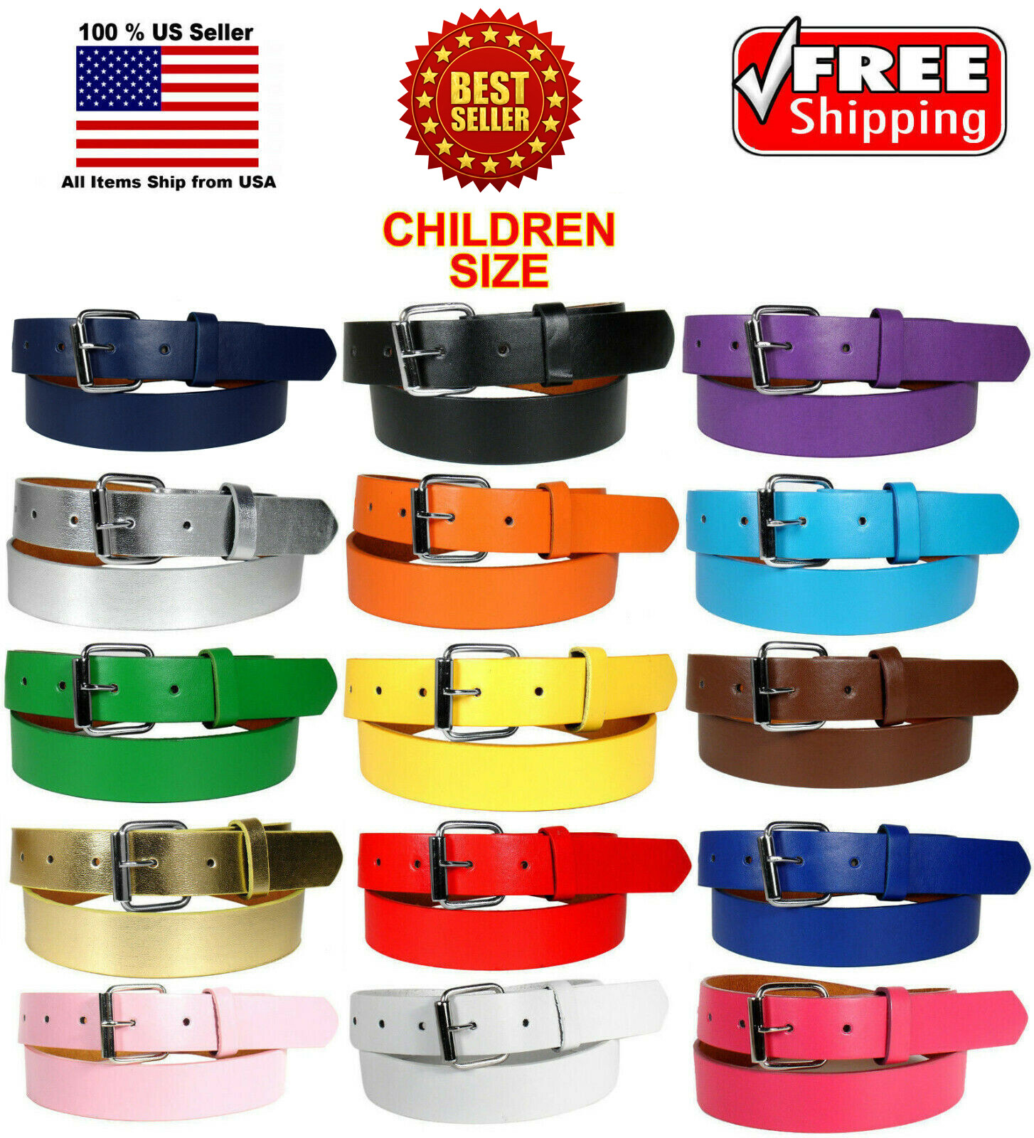 M KIDS CHILDREN PLAIN SOLID COLOR LEATHER BELT Silver Buckle