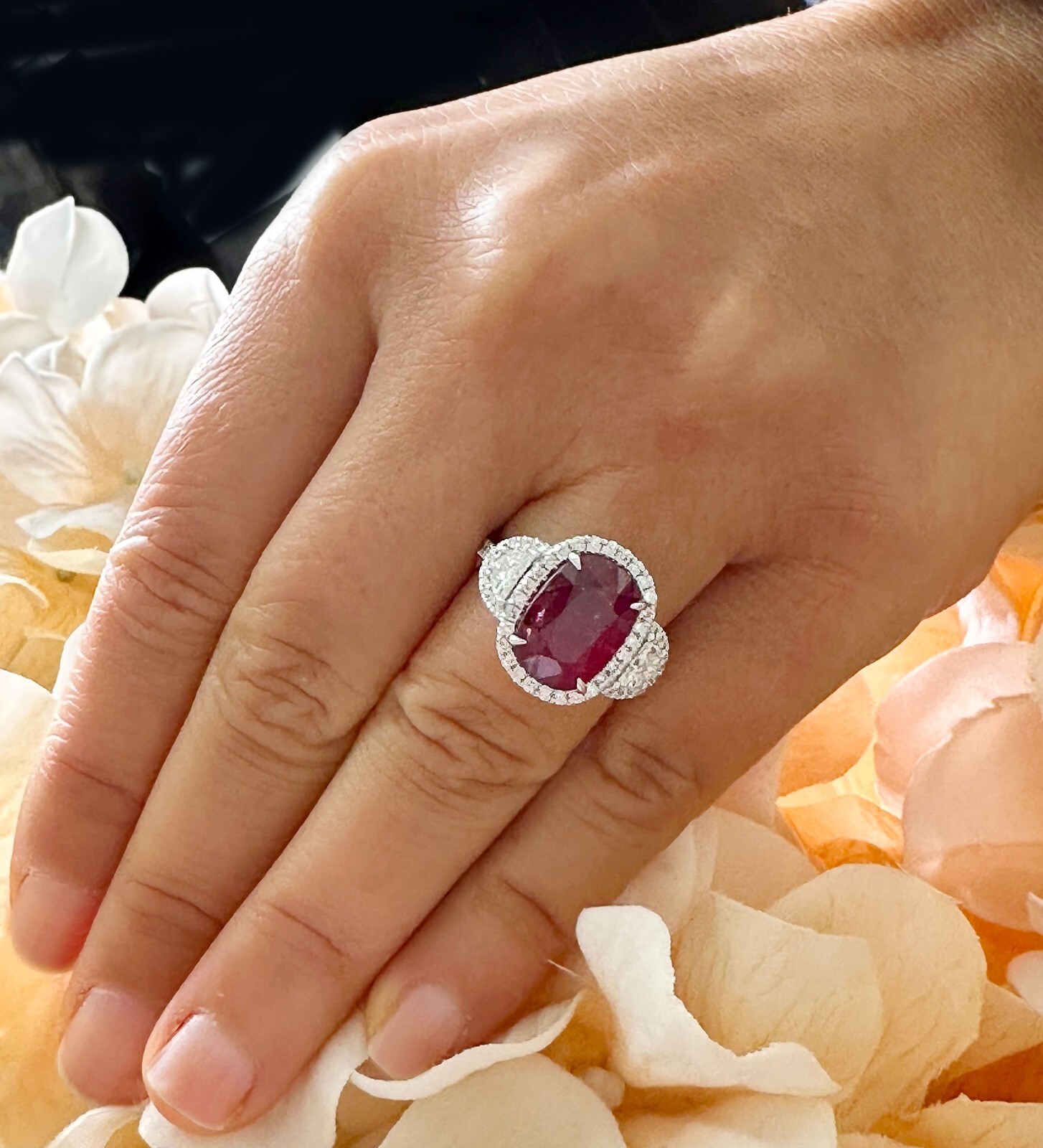 Pre-owned Ruby 14k White Gold Oval  And Diamonds Engagement Ring Deco Bridal Halo 5.00ct