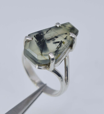 925 Solid Sterling Silver Faceted Green Prehnite Coffin Ring
