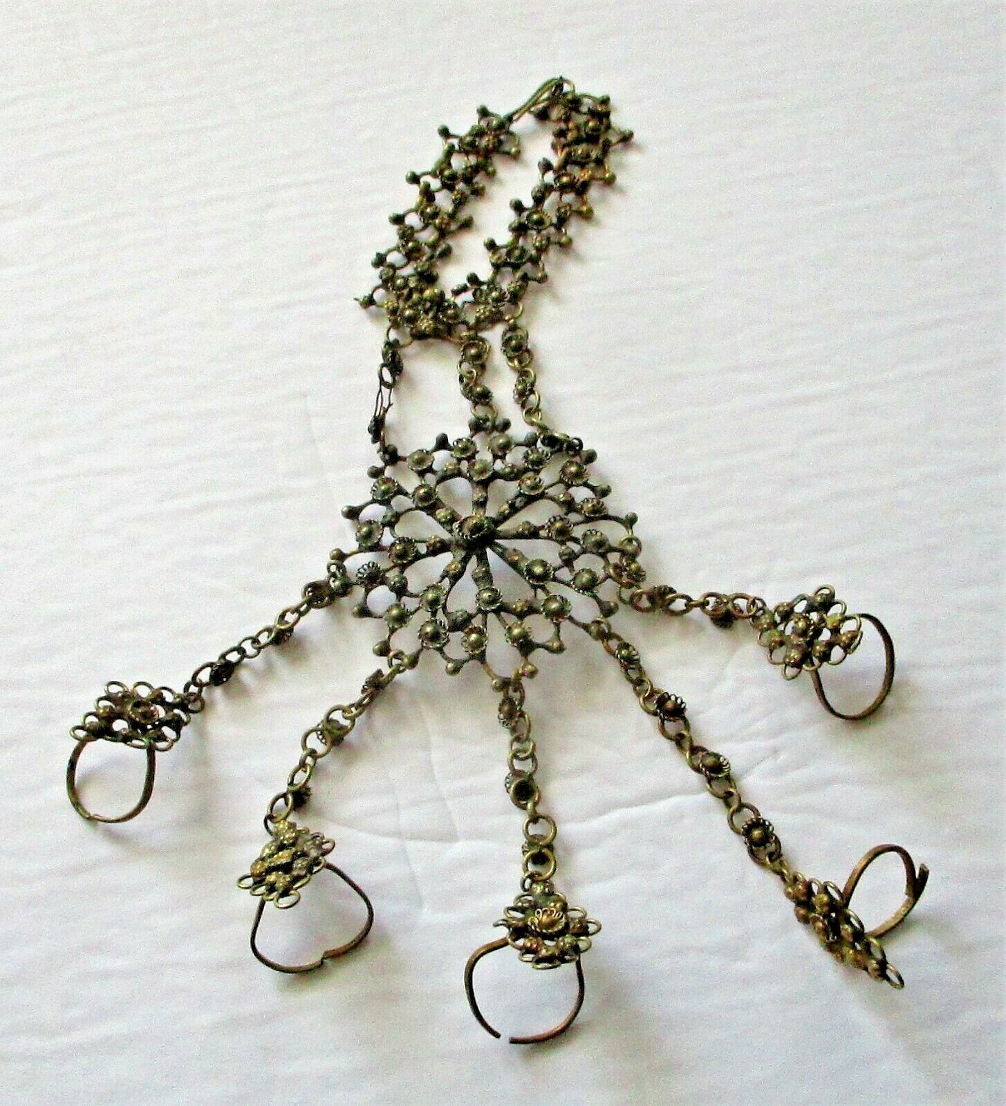 Antique Brass Slave Bracelet Hash Panja Hand Flower Yemeni Harem Bronze Rings