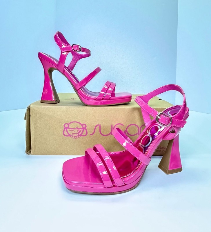 Sugar Magenta Patent Multi-Strap Flare Heel Sandals Size 7