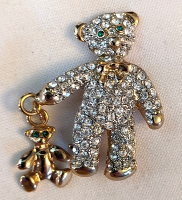 Sparkling Vintage Gold Tone Teddy Bear Brooch with Clear Rhinestone Body 1-1/2 