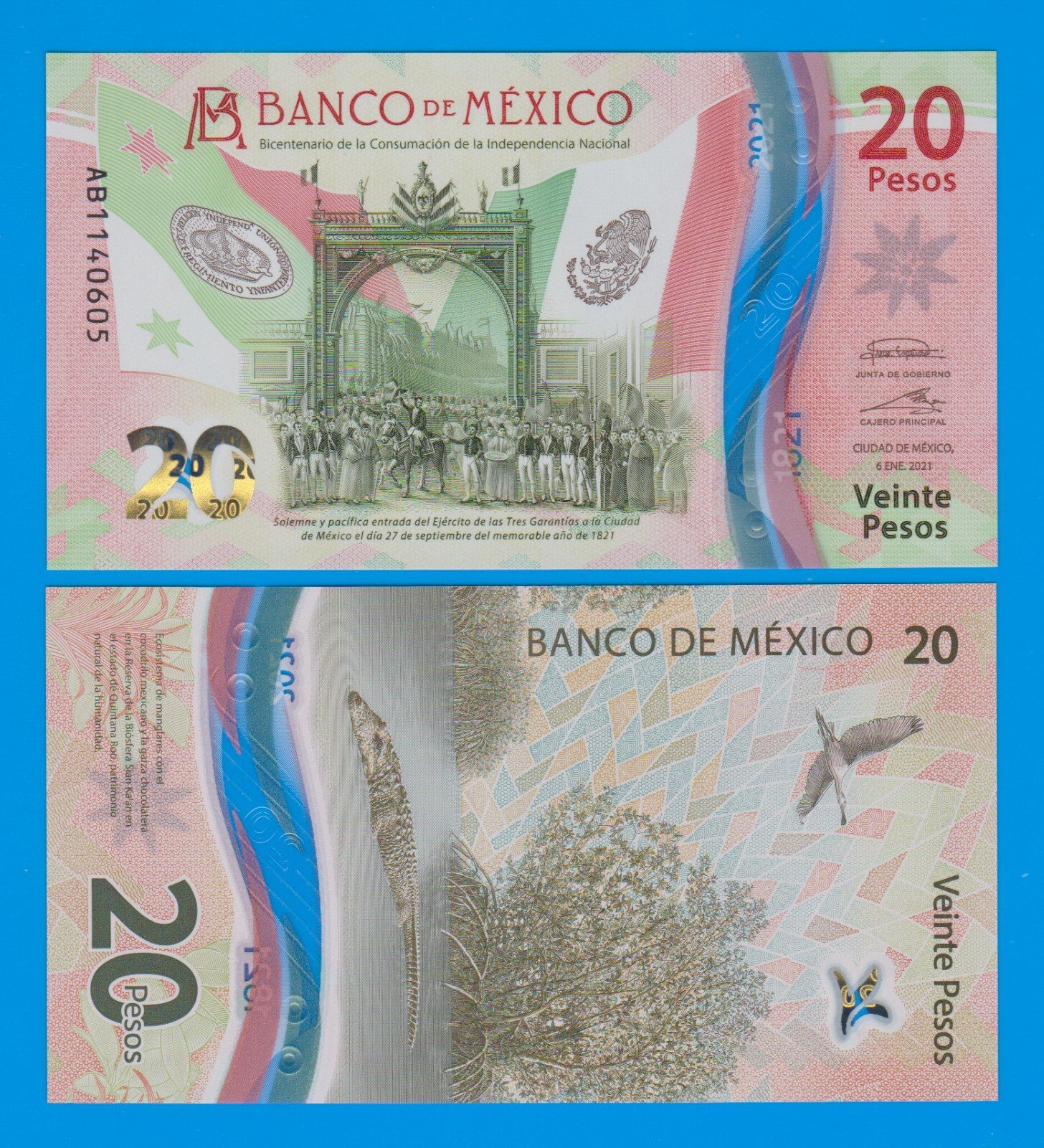 Mexico 20 Pesos P 136a Date: January 6 2021, UNC Polymer