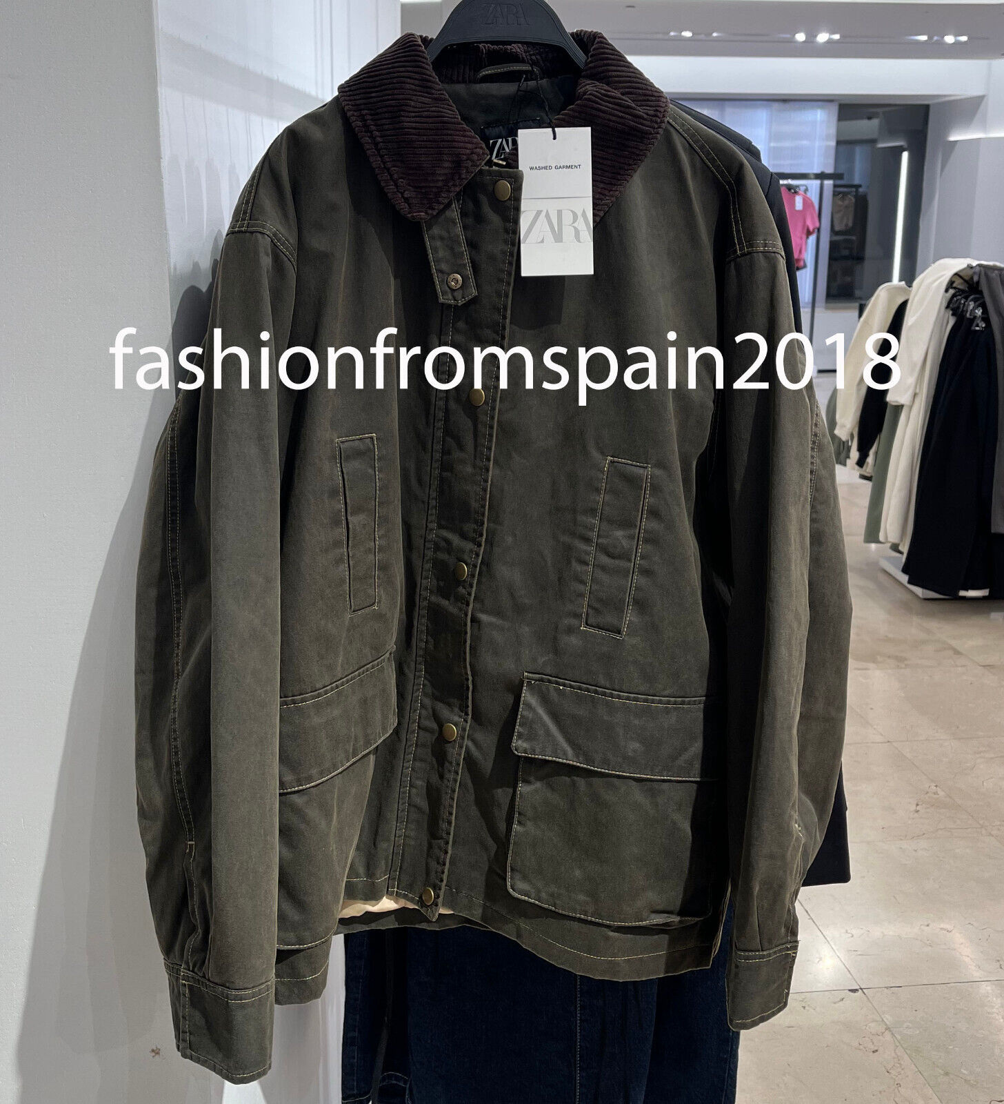 ZARA NEW WOMAN WAXED JACKET WITH CORDUROY COLLAR MOSS GREEN ZARA NEW WOMAN WAXED JACKET WITH CORDUROY COLLAR MOSS GREEN