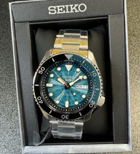 Pre-owned Seiko 5 Automatic Teal Transparent Dial Steel Bracelet Men's Watch Srpj45 Japan
