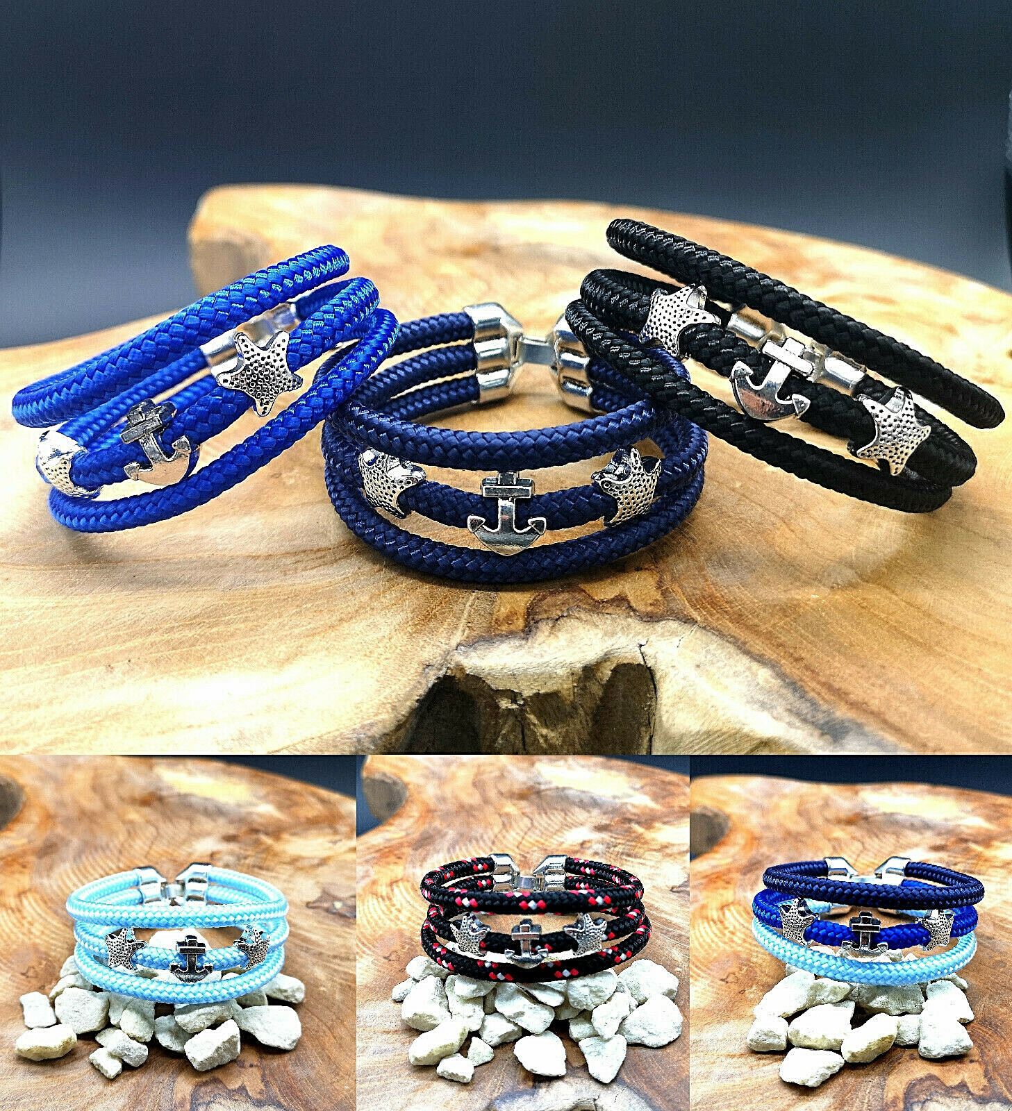 Segeltau Anker Armband Schwarz Blau Handgefertigt Snap Verschluß Frauen Herren