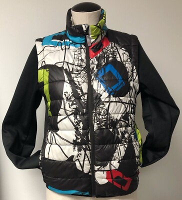 REIMA FINLAND OPP ART GRAFFITI PRINT QUILTED VEST JACKET W SCUBA FLEECE SLEEVES