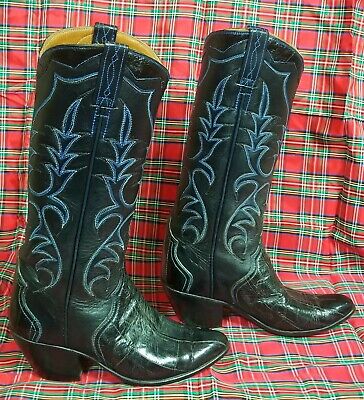 Custom Vintage 70s Black Eelskin Cowboy Western Boots Blue Stitch Women's 5.5 6
