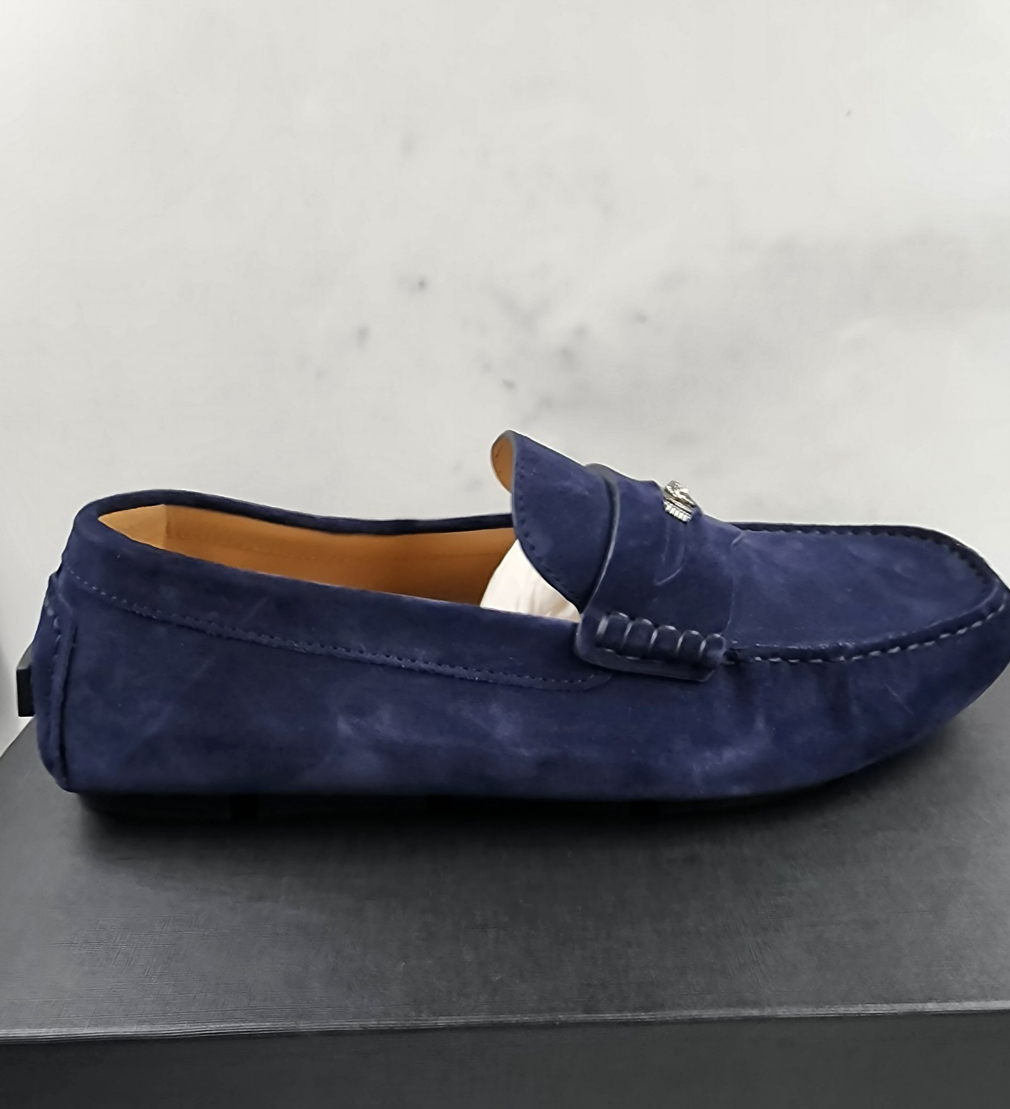 Versace Medusa Penny Loafers Men's 42.5/9.5US Blue Stitched Moc Toe Slip On - Picture 9 of 24