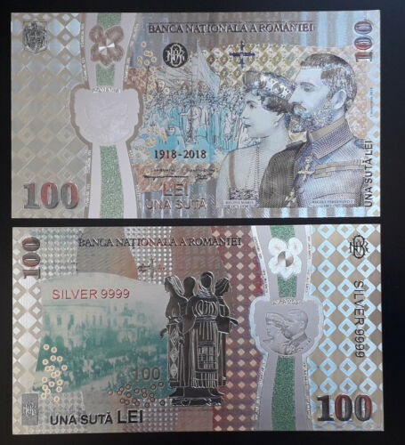 ROMANIA 100 LEI 2018 SILVER PLATED POLYMER BANKNOTE-100 YEARS THE GREAT UNION