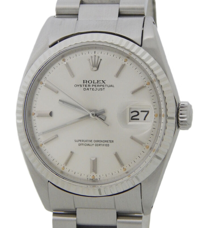 Rolex Datejust 1601 Stainless Steel Watch White Gold Fluted Bezel Silver Dial