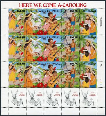 Palau 249-53a sheet,MNH.Michel 397-401. Christmas 1990.Caroling.Birds,Butterfly.