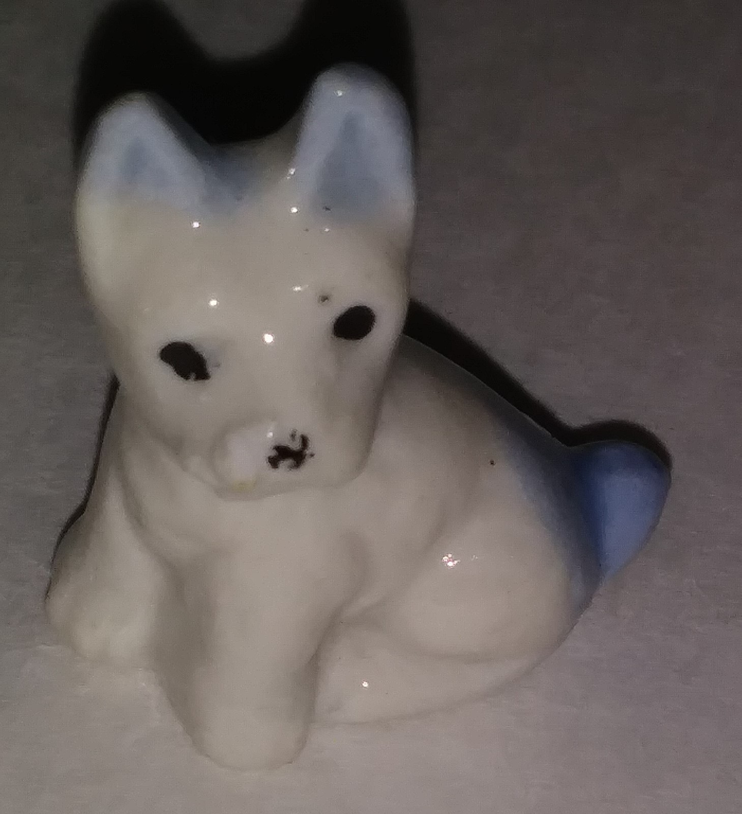 Vintage Impressed Japan Mark Ceramic Terrier Puppy White Blue Sitting Figure