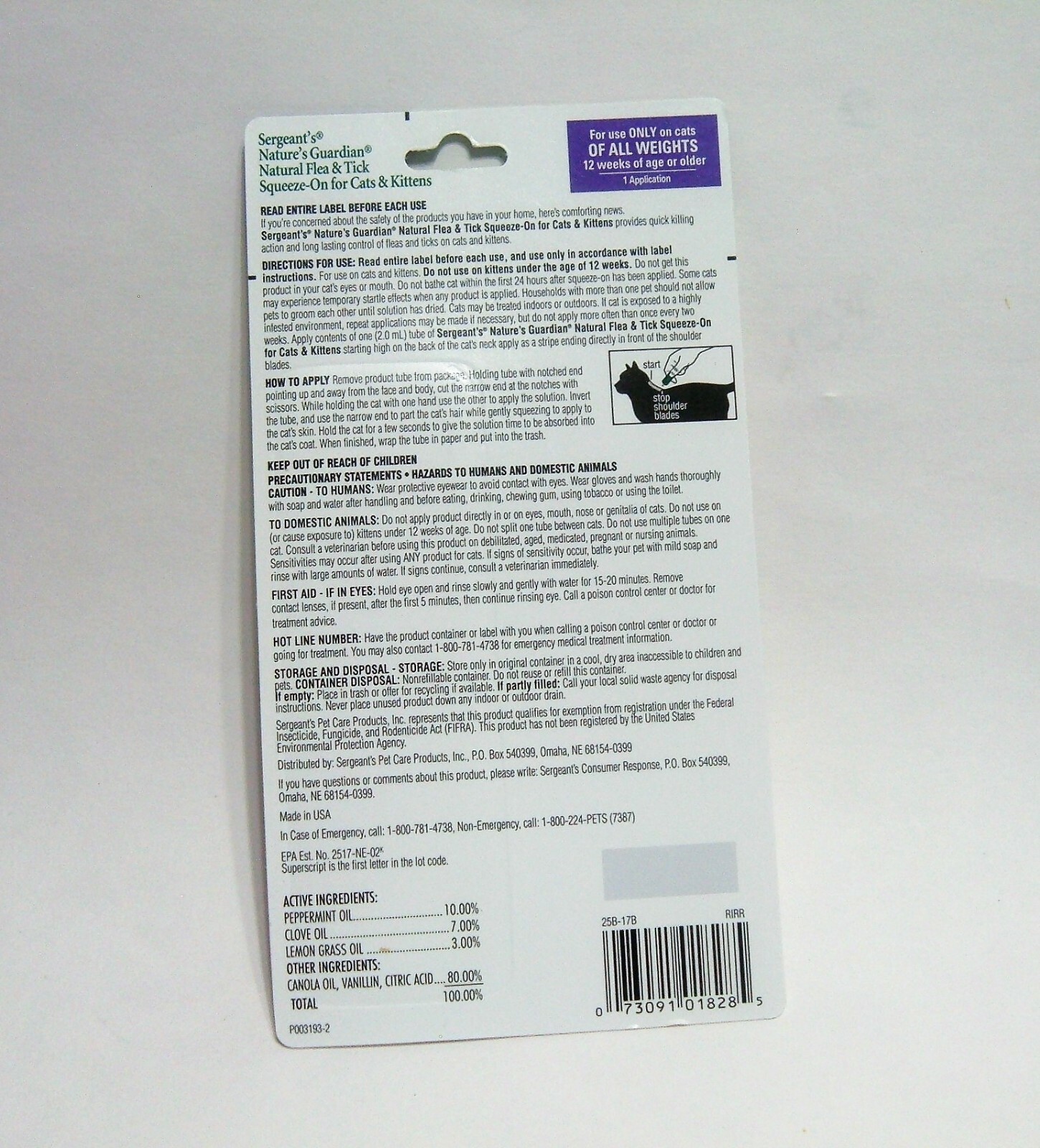 Sergeant's Nature's Guardian Natural Flea & Tick Squeeze-On Cats Kittens 3X NEW