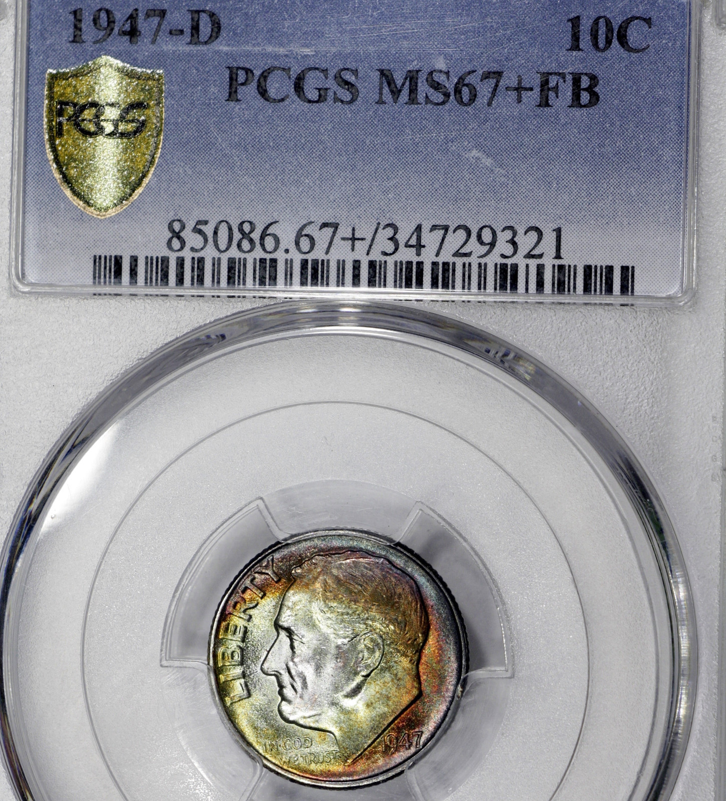 1947-D MS67+ Plus FB Roosevelt Dime 10c, PCGS Graded FT Full Bands!