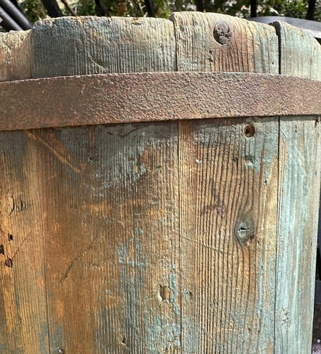 Antique Wood Staved Bucket Wash Tub Wrought Iron Band Grungy Blue Paint
