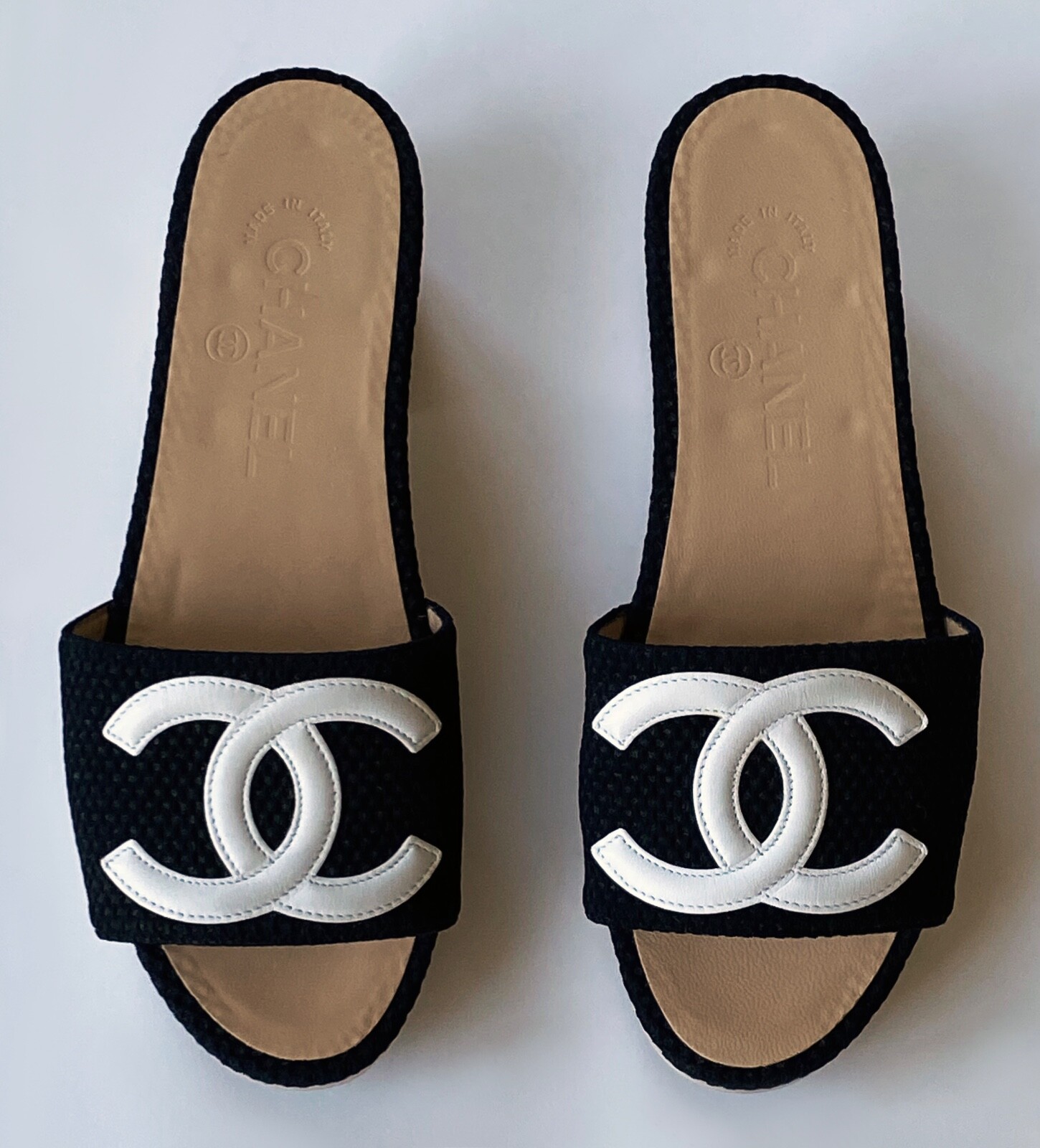 NEW CHANEL BLACK WHITE CC LOGO SLIDES MULES 36.5 | eBay