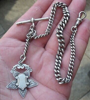 ANTIQUE STERLING SILVER GRADUATING SINGLE ALBERT POCKET WATCH CHAIN & FOB. 25.8.