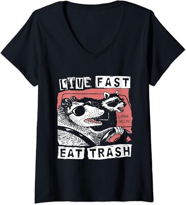 Funny Possum Raccoon Live Fast Eat Trash Theme Ladies' V-Neck Tshirt