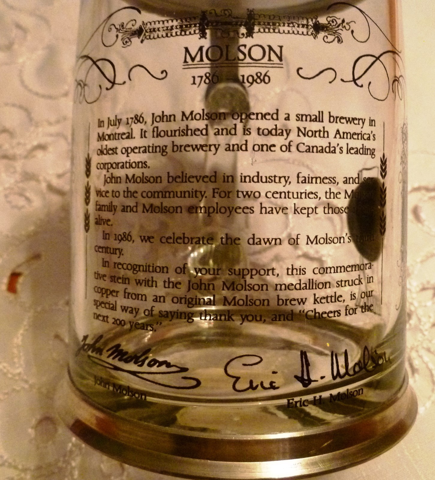 Commemorative Glass Beer Stein with Lid Molson Canadian - made in W Germany