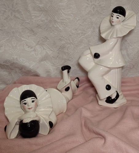 Set Of 2 Vintage Pierrot Clown Black & White Ceramic