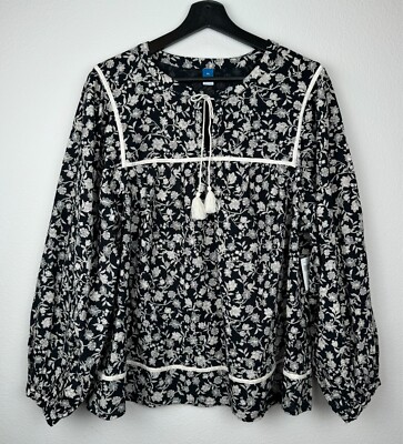 Old Navy Top Womens Size XL Black Long Sleeve Floral Boho Tassels Peasant NWT