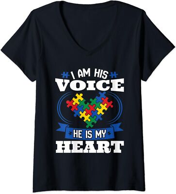 I Am His Voice He Is My Heart Autism Awareness Son Ladies' V-Neck Tshirt