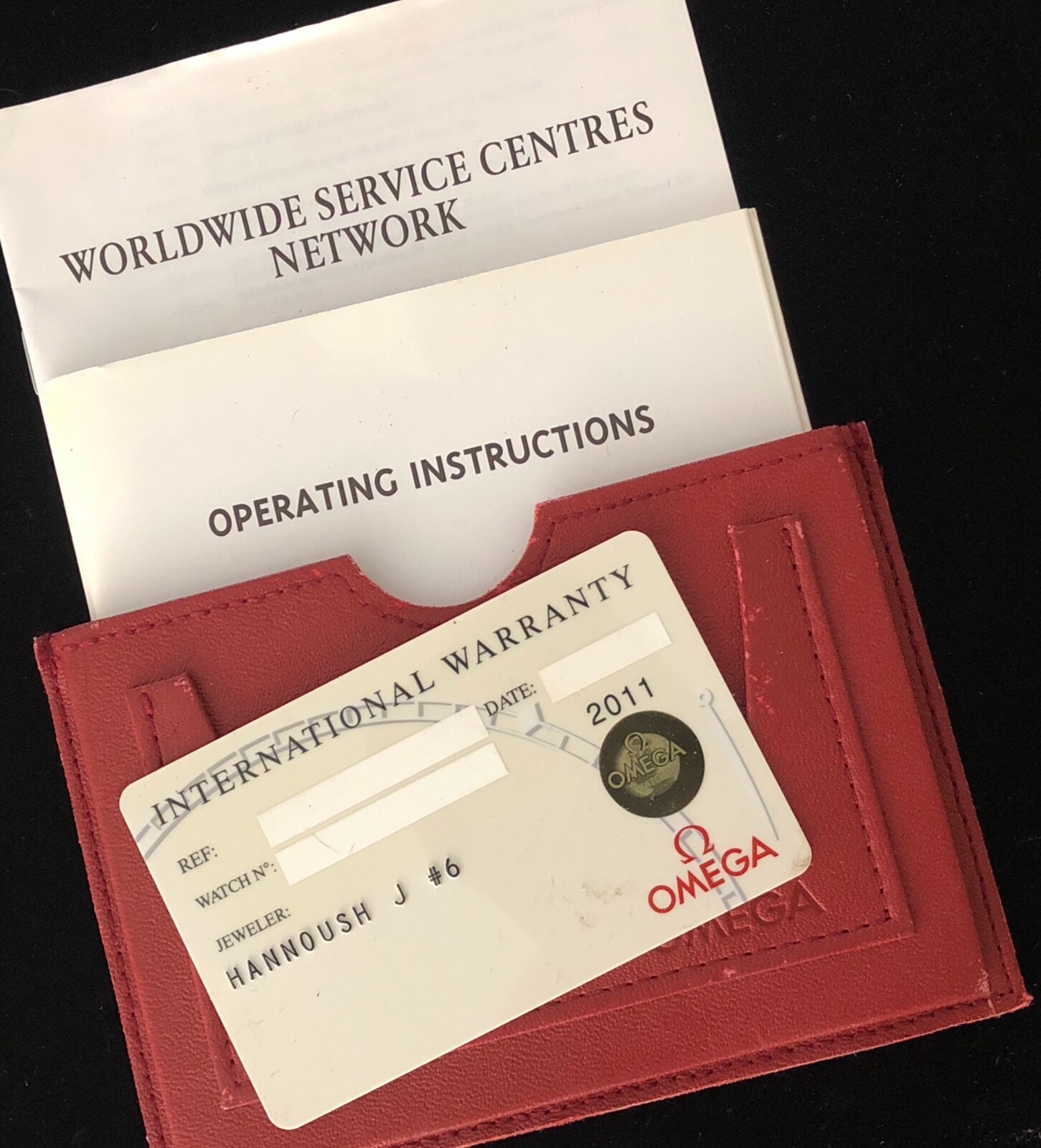 Omega International Warranty Card Open Name with Manuals Red Omega Watch Wallet