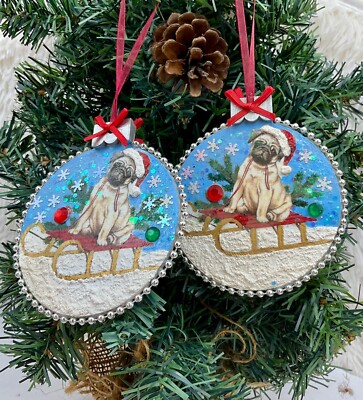 2 hand crafted mixed media PUG  Christmas ornaments