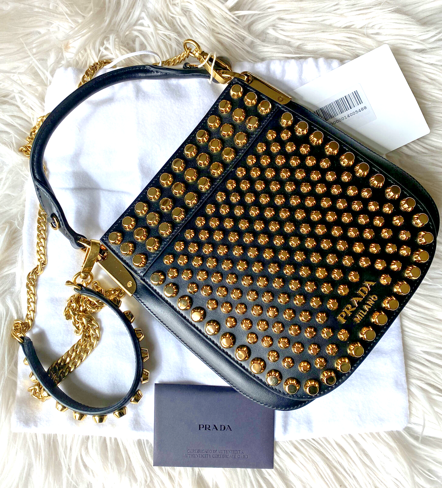PRADA Gold Studded Embellished Black Leather Top Handle PRADA Gold Studded Embellished Black Leather Top Handle