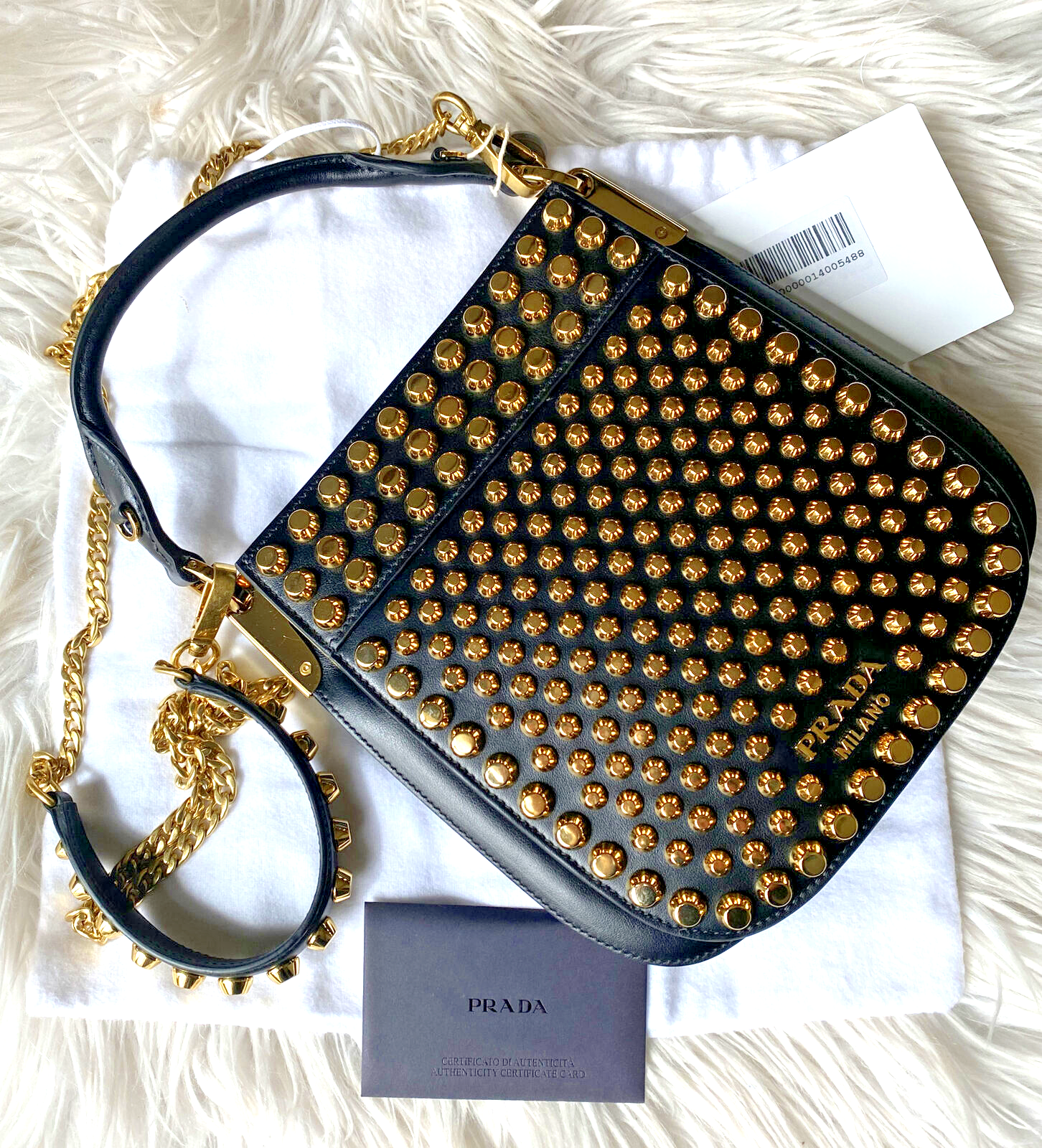 PRADA Arm Shoulder Bag - Gold Chain - Real Lambskin / Fur - Black Studded  Purse