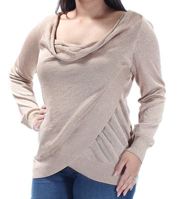 INC Womens Gold Glitter Long Sleeve Cowl Neck Faux Wrap Top L