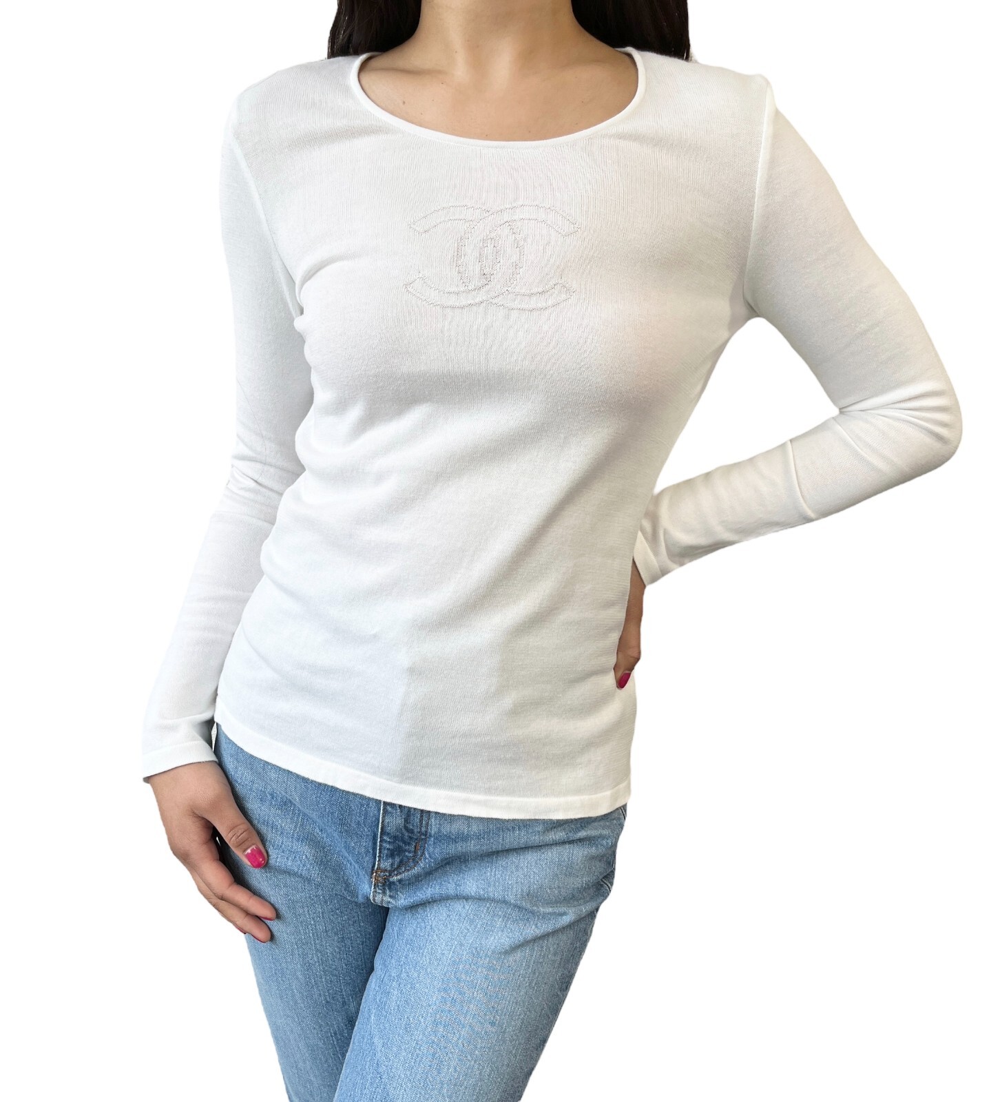 CHANEL Vintage 05C Big CC Logo Knit Top #38 White Long CHANEL Vintage 05C Big CC Logo Knit Top #38 White Long