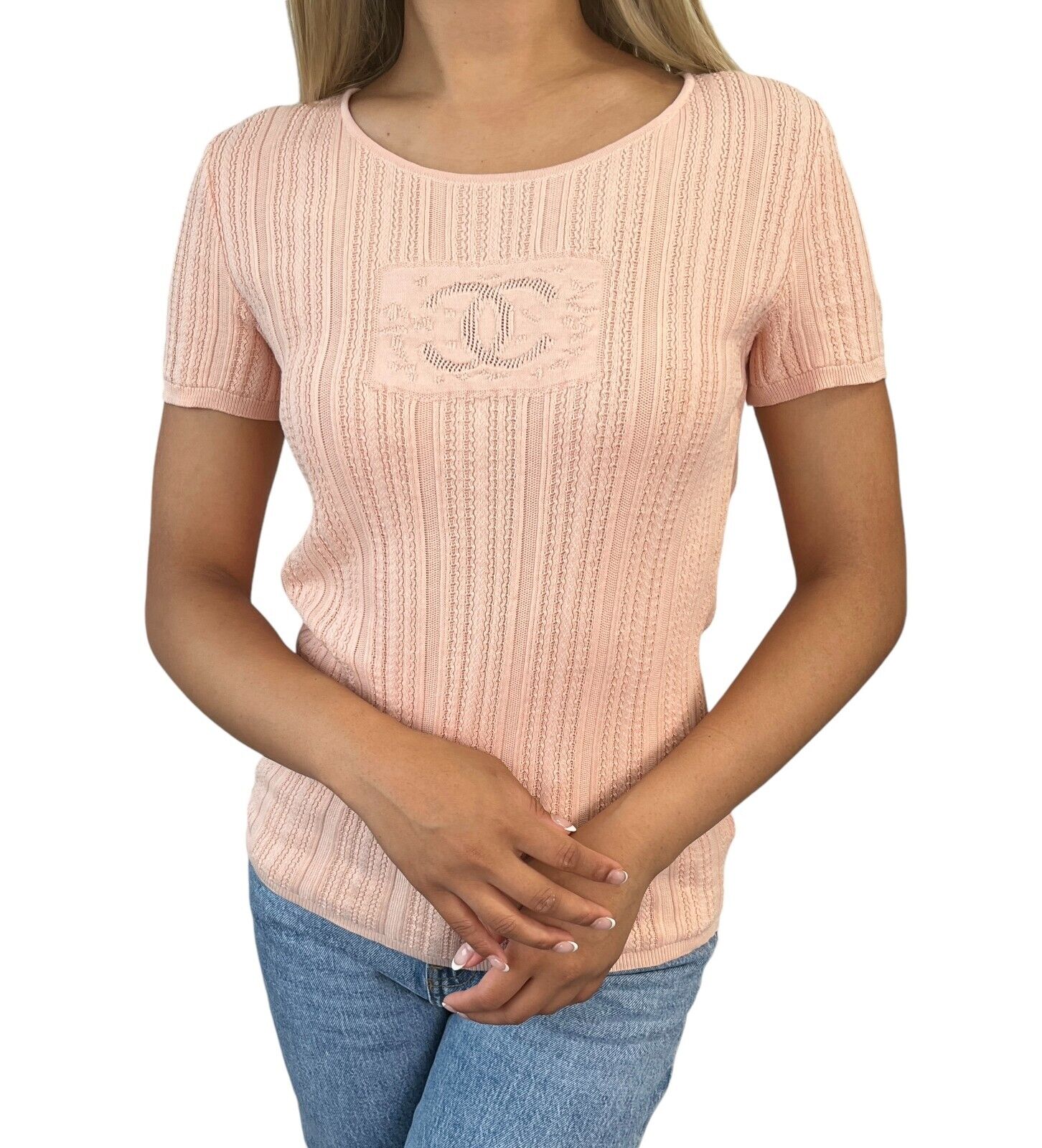 CHANEL Vintage 04P CC Mark Logo Knit T-shirt Top #42 Pink CHANEL Vintage 04P CC Mark Logo Knit T-shirt Top #42 Pink