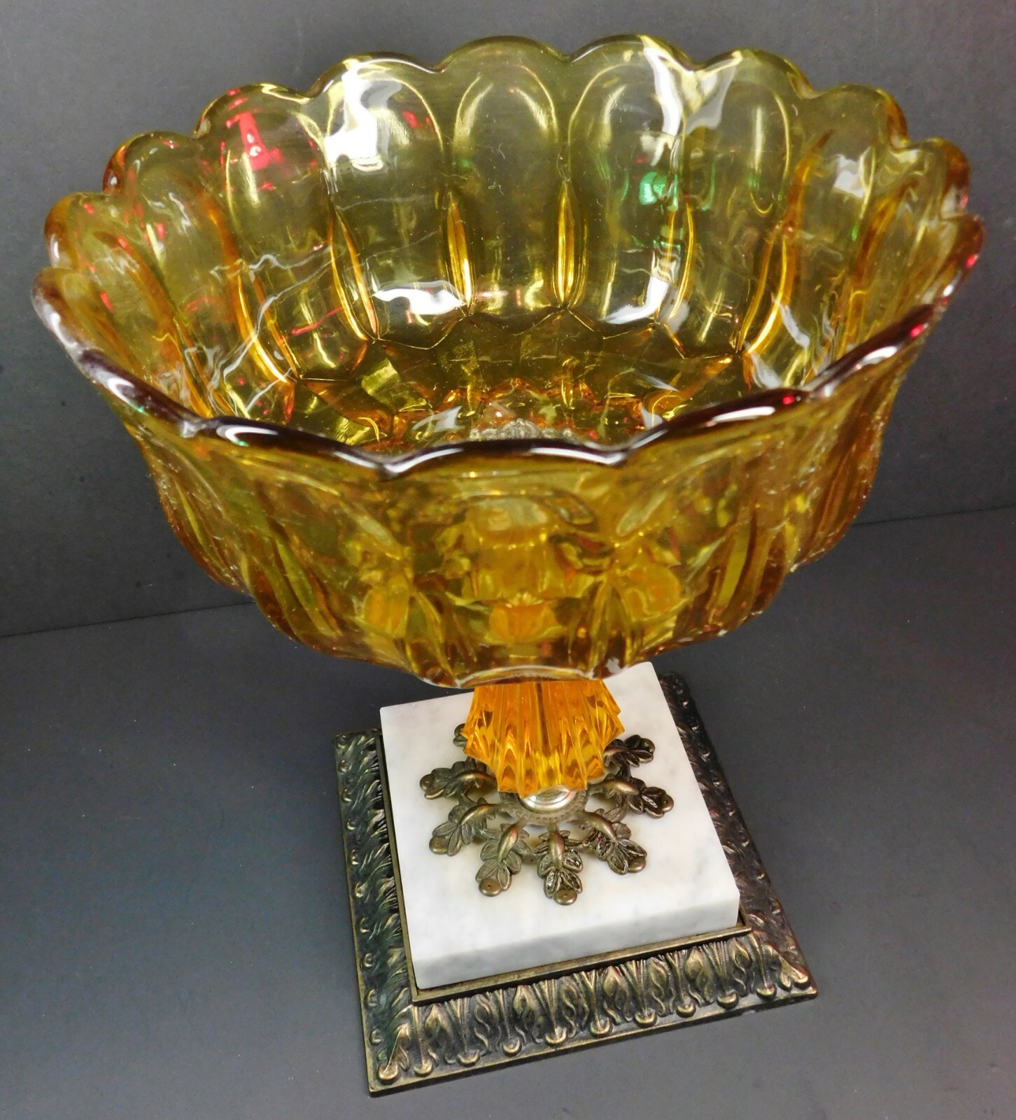 Vintage Hollywood Regency Amber Glass and Metal Compote Candy Dish