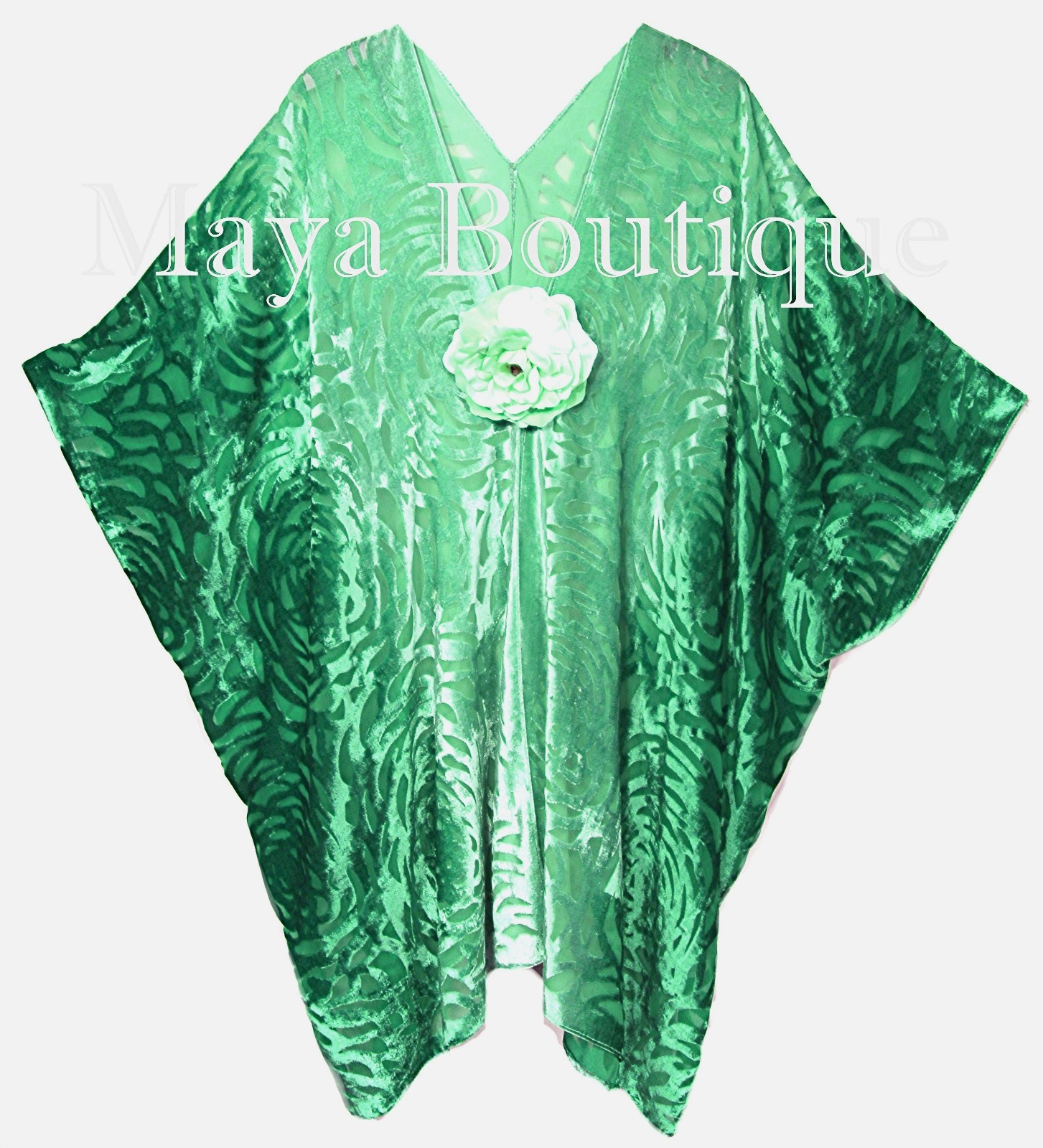 Pre-owned Maya Matazaro Emerald Green Camellia Burnout Velvet Caftan Kimono Ombre Hand Dye