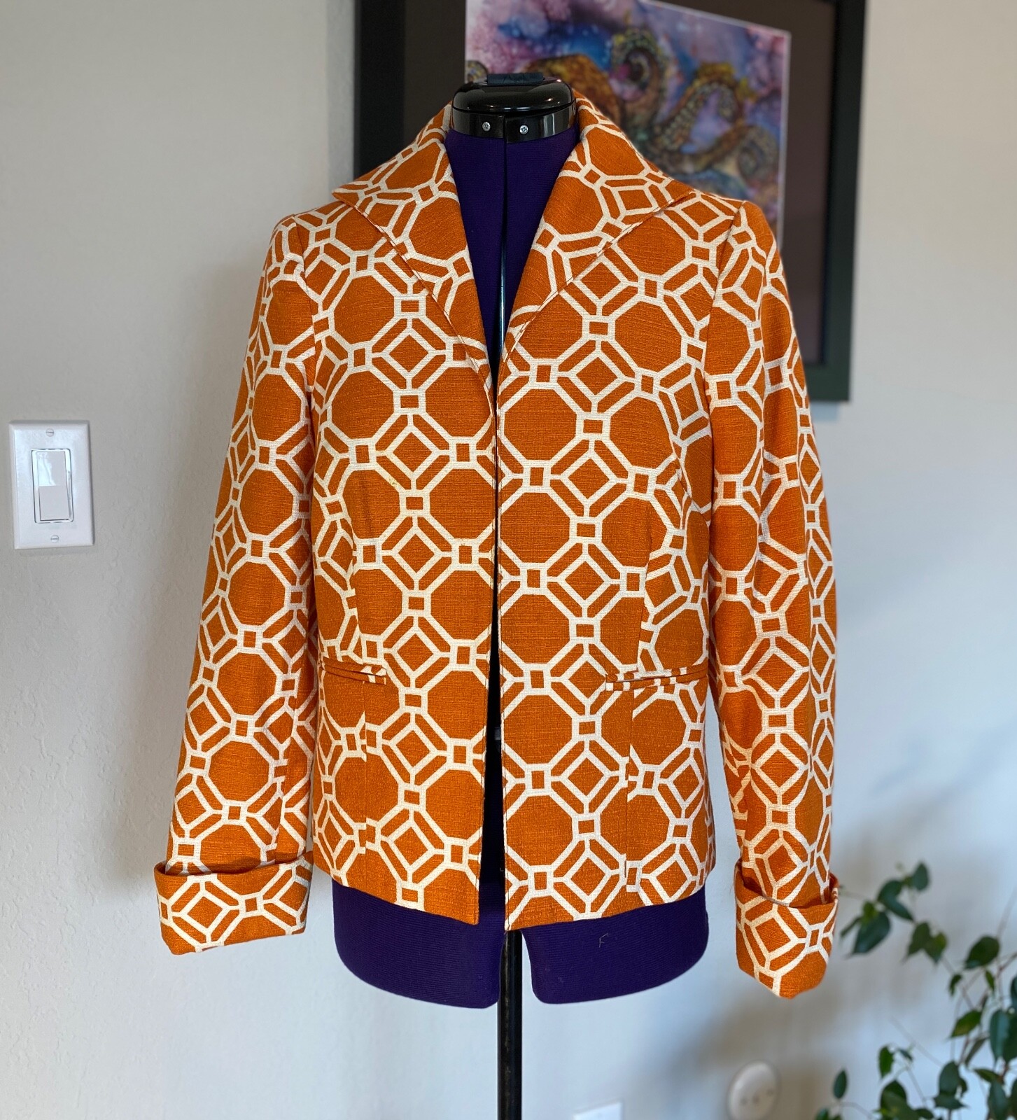 3 Sisters Geo Orange White Jacket Blazar Open Front Dressy
